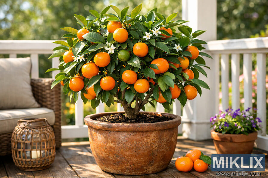 Dwarf tangerine tree with ripe fruit growing in a terracotta pot on a sunny porch