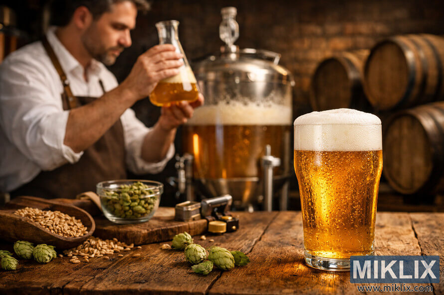 Freshly poured golden lager with frothy head on a wooden table, brewer analyzing fermentation flask in a cozy brewery setting with barrels and brewing equipment.