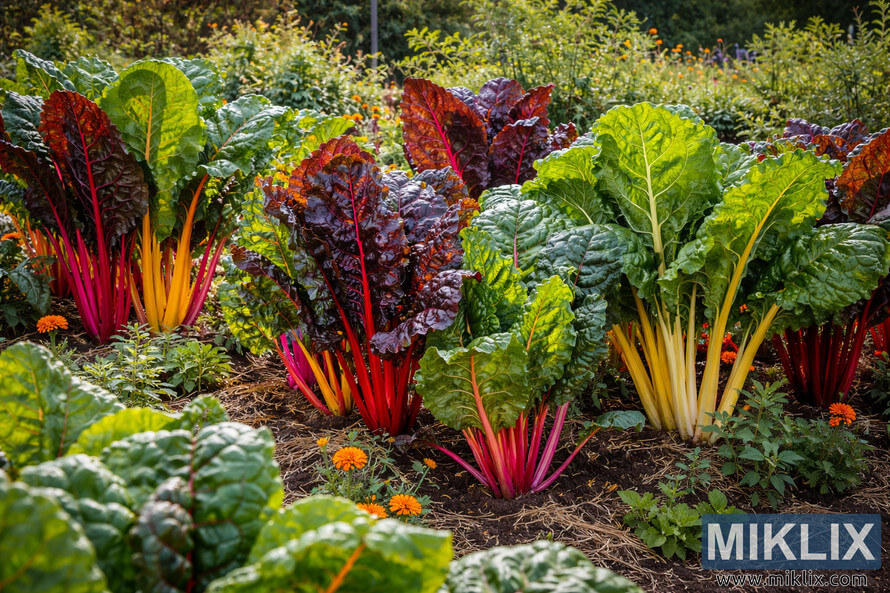 Colorful heritage Swiss chard varieties with red, yellow, and pink stems growing together in a traditional vegetable garden bed under warm sunlight.