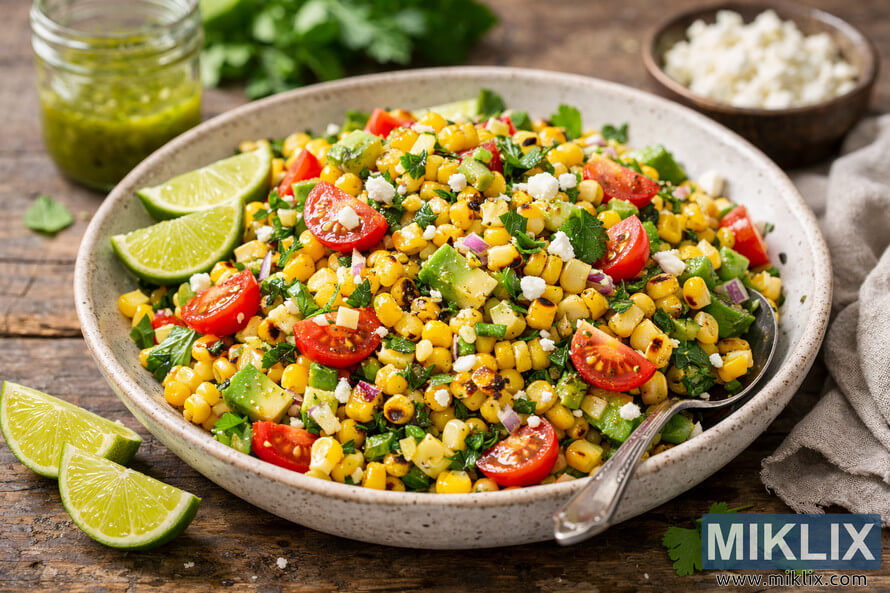 A vibrant grilled corn salad served in a rustic ceramic bowl, featuring golden corn kernels with char marks, cherry tomatoes, diced avocado, red onion, crumbled white cheese, and fresh herbs, garnished with lime wedges and a jar of green dressing in the background. A vibrant grilled corn salad served in a rustic ceramic bowl, featuring golden corn kernels with char marks, cherry tomatoes, diced avocado, red onion, crumbled white cheese, and fresh herbs, garnished with lime wedges and a jar of green dressing in the background.