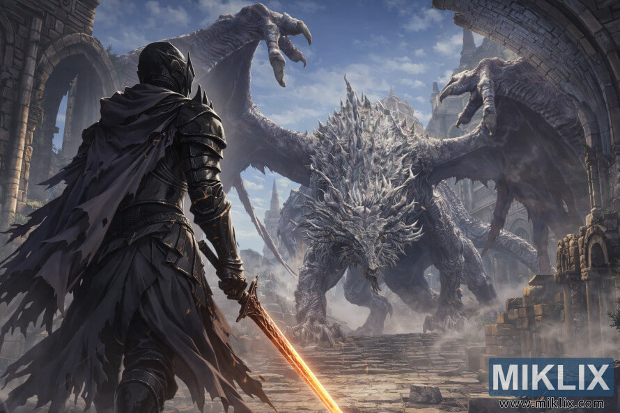 Prajurit gaya anime nganggo baju besi kalangkang poék nyanghareupan naga wyvern kuno anu ageung di kota gotik anu runtuh sateuacan perang Prajurit gaya anime nganggo baju besi kalangkang poék nyanghareupan naga wyvern kuno anu ageung di kota gotik anu runtuh sateuacan perang