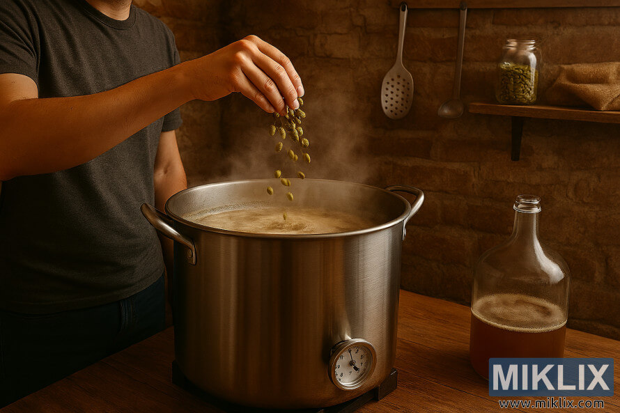 Homebrewer dropping hops into boiling kettle in rustic brewing setup