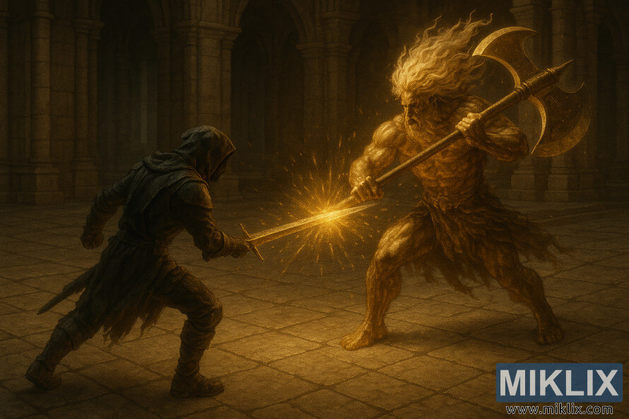 Raunhæf stafræn málverk af hinum Tarnished að berjast við Godfrey, fyrsta öldungaherrann, à steinhöll, þar sem glóandi sverð þeirra og tvÃblaða öxi brotna saman à gullnum neista. Raunhæf stafræn málverk af hinum Tarnished að berjast við Godfrey, fyrsta öldungaherrann, à steinhöll, þar sem glóandi sverð þeirra og tvÃblaða öxi brotna saman à gullnum neista.