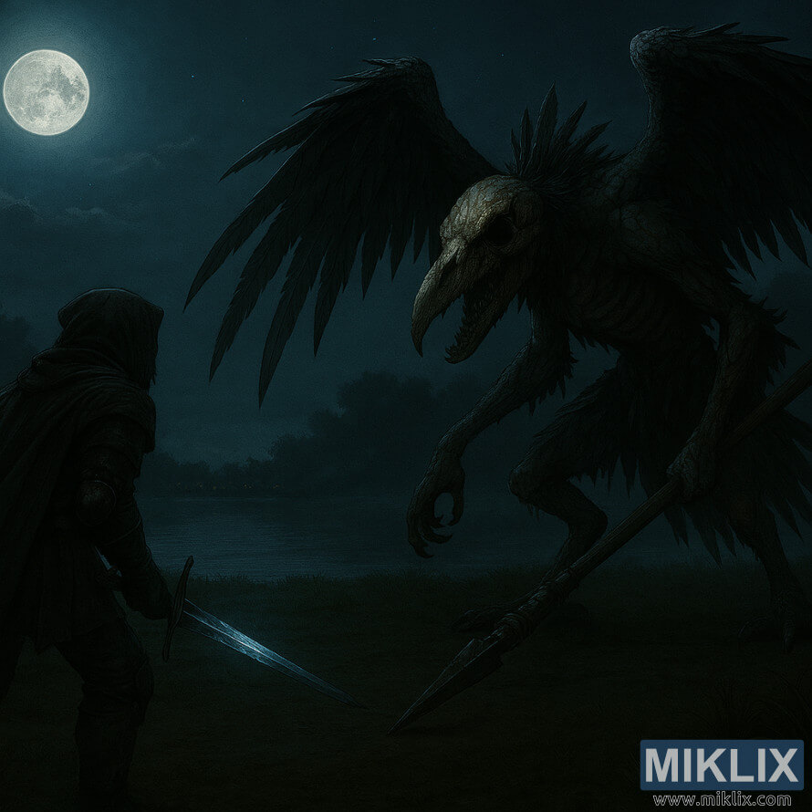 Fan art dark fantasy dell'armatura Tarnished in Black Knife che affronta uno scheletrico Deathbird in decomposizione al chiaro di luna Fan art dark fantasy dell'armatura Tarnished in Black Knife che affronta uno scheletrico Deathbird in decomposizione al chiaro di luna