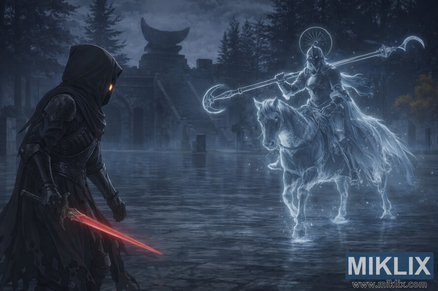 Fan art dâun joueur vÃªtu dâarmure de Black Knife affrontant la Chevalier Royal spectrale Loretta au manoir Caria