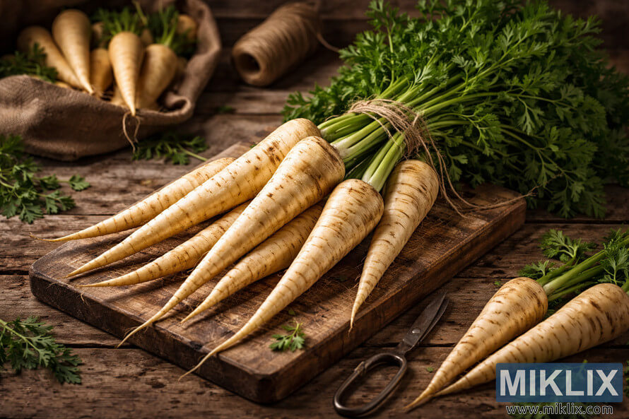 Bundle of freshly harvested Gladiator parsnip roots with green tops resting on a rustic wooden table with gardening tools and burlap sack