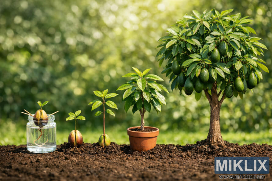Avocado plant growth stages shown from seed in water through seedlings to a mature fruit-bearing tree in a garden setting.