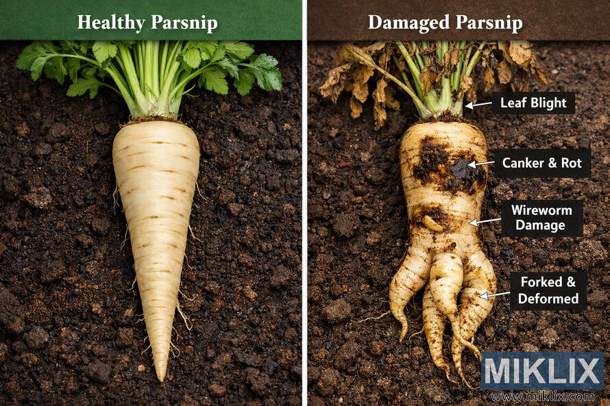 Split-screen comparison showing a healthy parsnip root on the left and a damaged parsnip root on the right with labeled problems including leaf blight, canker and rot, wireworm damage, and forked deformation.