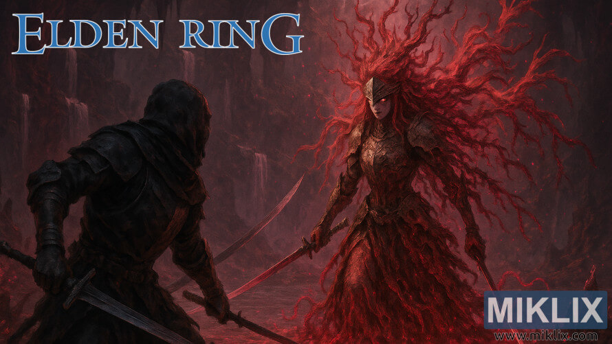 Một sát thủ sử dụng dao đen đối đầu với Malenia, Nữ thần thối rữa, bị bao quanh bởi năng lượng thối rữa màu đỏ trong một hang động.