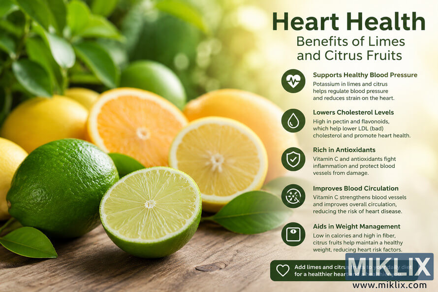 A landscape infographic showing fresh limes, lemons, and oranges on a rustic wooden table with green leaves and soft sunlight. The right side contains heart-health information with simple medical-style icons describing the cardiovascular benefits of regularly consuming limes and other citrus fruits.