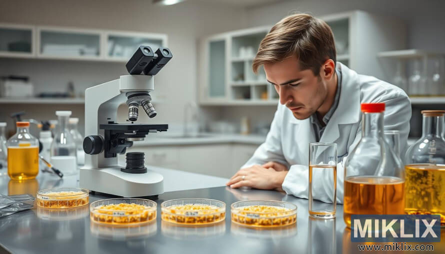 Znanstvenik pregledava uzorke kvasca pod mikroskopom u dobro organiziranom laboratorijskom radnom prostoru.