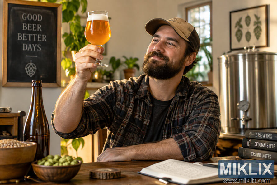 Bearded homebrewer smiling and holding up a glass of golden Belgian-style ale in a warm home-brewing room with hops and brewing equipment. Bearded homebrewer smiling and holding up a glass of golden Belgian-style ale in a warm home-brewing room with hops and brewing equipment.