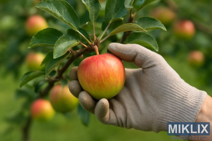 Tangan tukang kebun memusing perlahan sebiji epal di atas pokok untuk menguji kematangan.