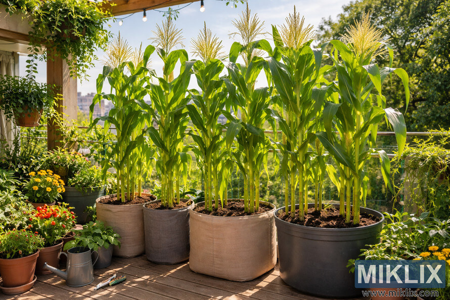 Tall corn plants growing in large containers on a sunny patio or balcony garden surrounded by other potted plants.
