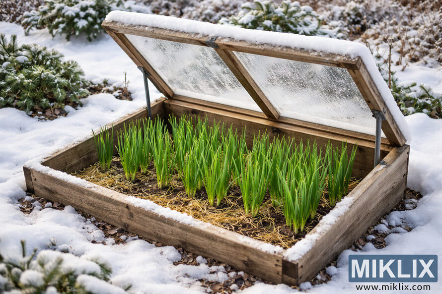 Wooden cold frame with a transparent lid protecting green scallions growing in soil while snow surrounds the winter garden bed.