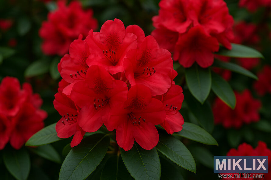 Gros plan sur des fleurs de rhododendron cramoisi Nova Zembla avec des feuilles vertes brillantes.