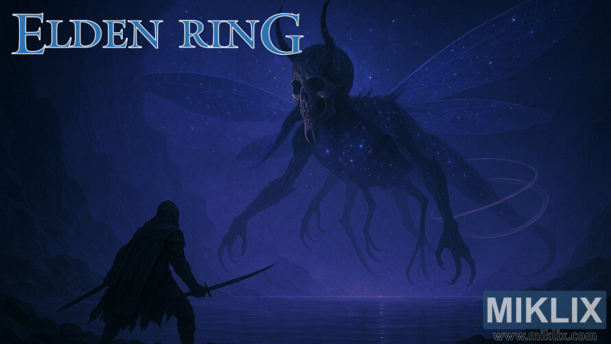 A Black Knife–armored warrior facing the colossal celestial insect Astel, Stars of Darkness, in a glowing blue-purple cavern. A Black Knife–armored warrior facing the colossal celestial insect Astel, Stars of Darkness, in a glowing blue-purple cavern.