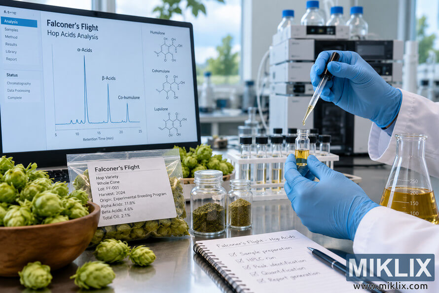 Scientist in a modern laboratory uses a pipette to prepare a golden hop extract beside green hop cones, sample vials, HPLC equipment, and a monitor displaying chromatographic hop-acid analysis. Scientist in a modern laboratory uses a pipette to prepare a golden hop extract beside green hop cones, sample vials, HPLC equipment, and a monitor displaying chromatographic hop-acid analysis.