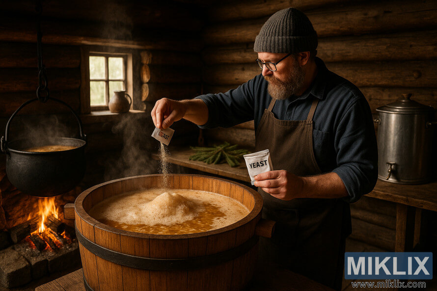 NjÃ« birrar shtÃ«piak me mjekÃ«r nÃ« njÃ« kasolle rustike norvegjeze shton maja tÃ« thatÃ« nÃ« njÃ« fuÃ§i druri me birrÃ« fshatare pranÃ« njÃ« vatre qÃ« kÃ«rcet.