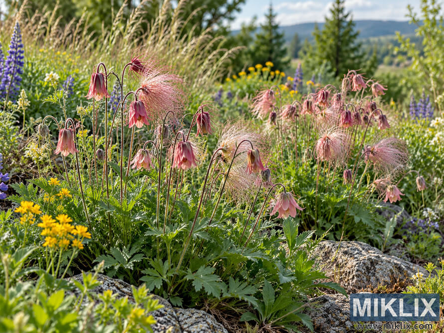 Prairie Smoke plants with pink nodding flowers and feathery seed heads growing among grasses, wildflowers, and rocks in a sunny native garden. Prairie Smoke plants with pink nodding flowers and feathery seed heads growing among grasses, wildflowers, and rocks in a sunny native garden.