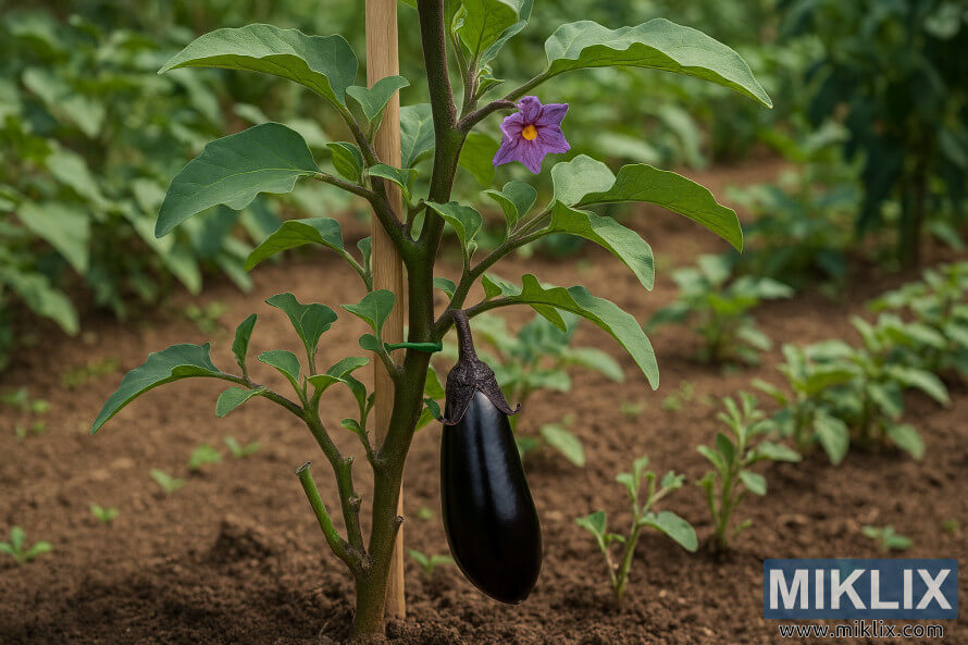 Shukar eggplant da aka dasa a cikin lambu mai ganye da 'ya'yan itace masu lafiya