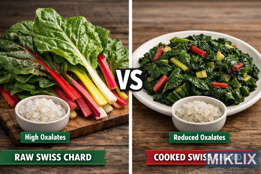 Side-by-side comparison image showing raw Swiss chard on a wooden cutting board with a bowl labeled High Oxalates on the left, and cooked Swiss chard on a white plate with a bowl labeled Reduced Oxalates on the right, separated by a central VS label.