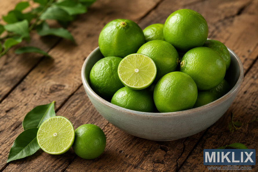 A ceramic bowl filled with fresh Persian limes sits on a rustic wooden table, with two lime halves and green citrus leaves arranged around it under soft natural light.