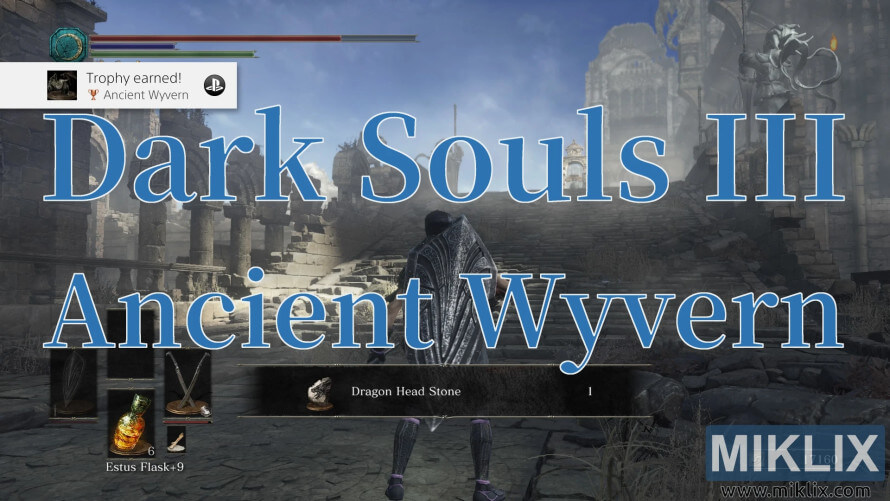 Dark Souls III screenshot showing victory over Ancient Wyvern with Dragon Head Stone reward. Dark Souls III screenshot showing victory over Ancient Wyvern with Dragon Head Stone reward.