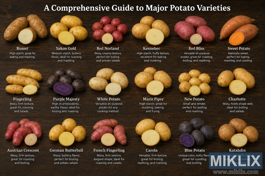 Landscape infographic showing a wide selection of potato varieties arranged in a neat grid on a rustic dark wooden background. Each variety is photographed from above with one whole potato and one cut open to reveal the flesh color where applicable. Every group includes a visible label and a brief note describing texture and common culinary uses, creating an organized visual reference for comparing potato types. Landscape infographic showing a wide selection of potato varieties arranged in a neat grid on a rustic dark wooden background. Each variety is photographed from above with one whole potato and one cut open to reveal the flesh color where applicable. Every group includes a visible label and a brief note describing texture and common culinary uses, creating an organized visual reference for comparing potato types.