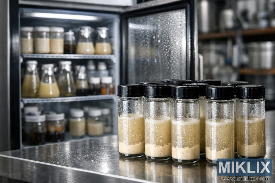 Close-up of yeast vials on a stainless steel counter in a professional brewery, with an open refrigeration unit and blurred brewing equipment in the background. Close-up of yeast vials on a stainless steel counter in a professional brewery, with an open refrigeration unit and blurred brewing equipment in the background.