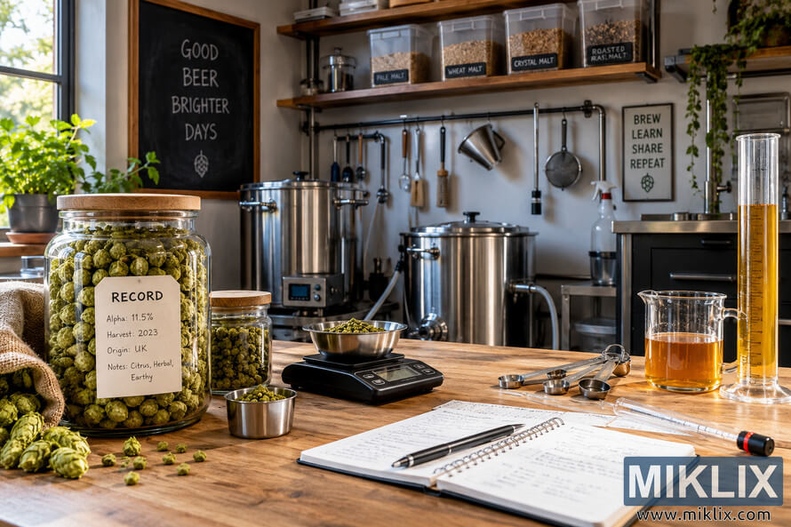Wide view of an organized homebrewing workspace with a large jar of Record hops, loose hop cones, a digital scale, measuring spoons, brewing notebook, amber liquid in measuring vessels, stainless-steel brewing kettles, labeled malt containers, hanging utensils, and greenery. Wide view of an organized homebrewing workspace with a large jar of Record hops, loose hop cones, a digital scale, measuring spoons, brewing notebook, amber liquid in measuring vessels, stainless-steel brewing kettles, labeled malt containers, hanging utensils, and greenery.