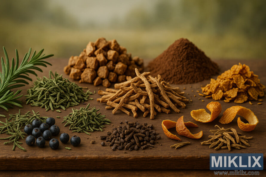 Still life of hop substitutes including herbs, spices, roots, and citrus peels arranged on a rustic surface in warm light.