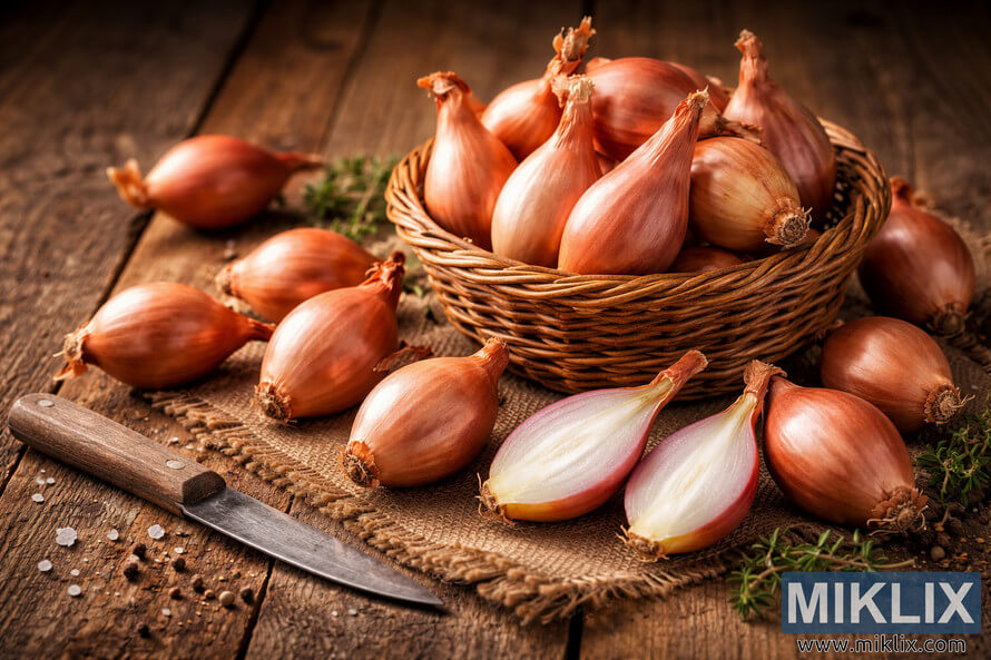 A basket and scattered Dutch Yellow shallots arranged on a rustic wooden table with herbs, peppercorns, and a knife in warm natural light.