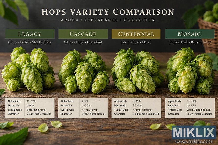 Landscape infographic comparing Legacy, Cascade, Centennial, and Mosaic hop varieties with realistic green hop cones, aroma notes, alpha and beta acid ranges, typical uses, and character descriptions arranged in four columns on a rustic wooden surface. Landscape infographic comparing Legacy, Cascade, Centennial, and Mosaic hop varieties with realistic green hop cones, aroma notes, alpha and beta acid ranges, typical uses, and character descriptions arranged in four columns on a rustic wooden surface.