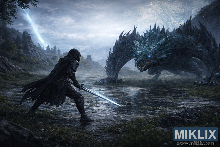 Fan art in stile anime con visuale ampia che raffigura i Tarnished che brandiscono una spada luminosa mentre affrontano il Drago Pietralucente Smarag nelle nebbiose zone umide di Liurnia dei Laghi, con rovine e terreno nebbioso sullo sfondo.