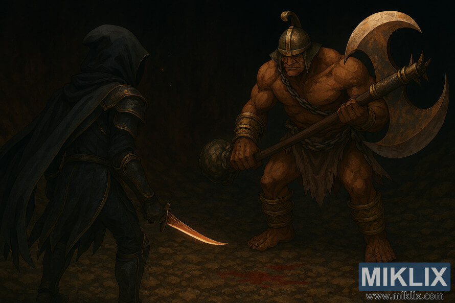 Fan art de style anime montrant le Sans-Ã©clat en armure de couteau noir vu de dos, face au Duelliste FrÃ©nÃ©tique dans une grotte rocheuse