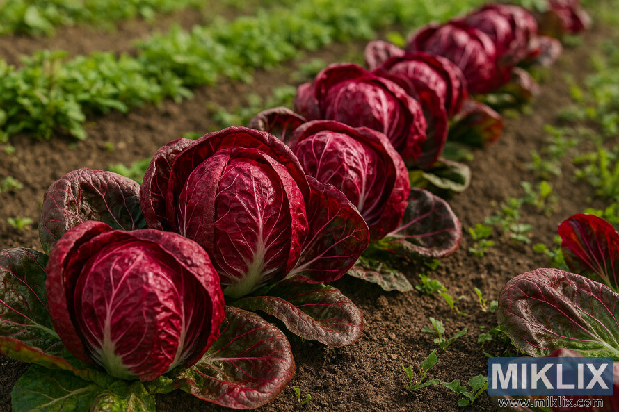Vibrant red radicchio heads growing in a neat garden row