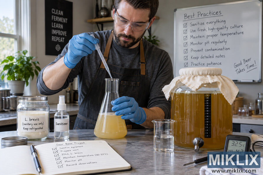 Homebrewer in safety glasses and blue gloves uses a pipette over a flask beside sanitized equipment, an amber fermenter, pH meter, and brewing checklist.