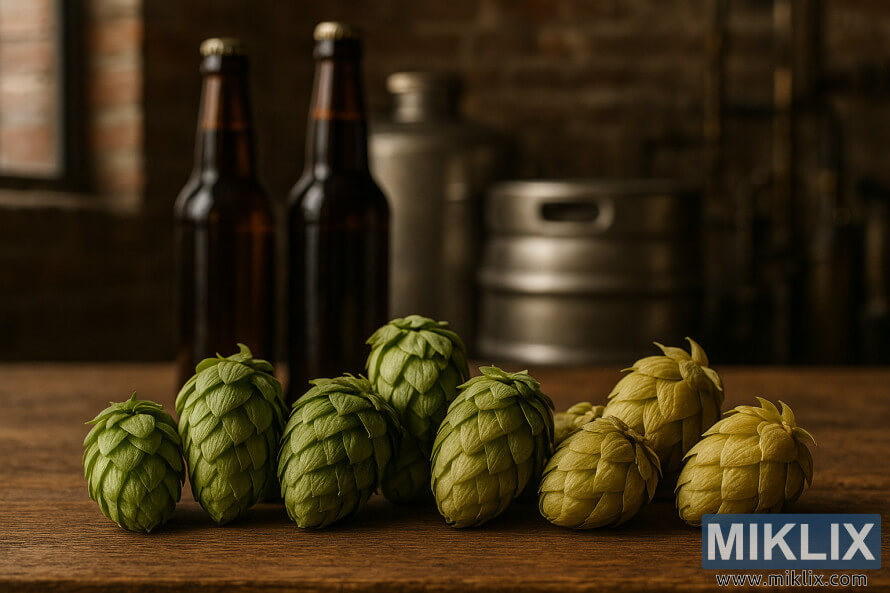 DetailnÃ½ zÃ¡ber chmeÄ¾u Cascade, Centennial a Atlas na drevenom povrchu.