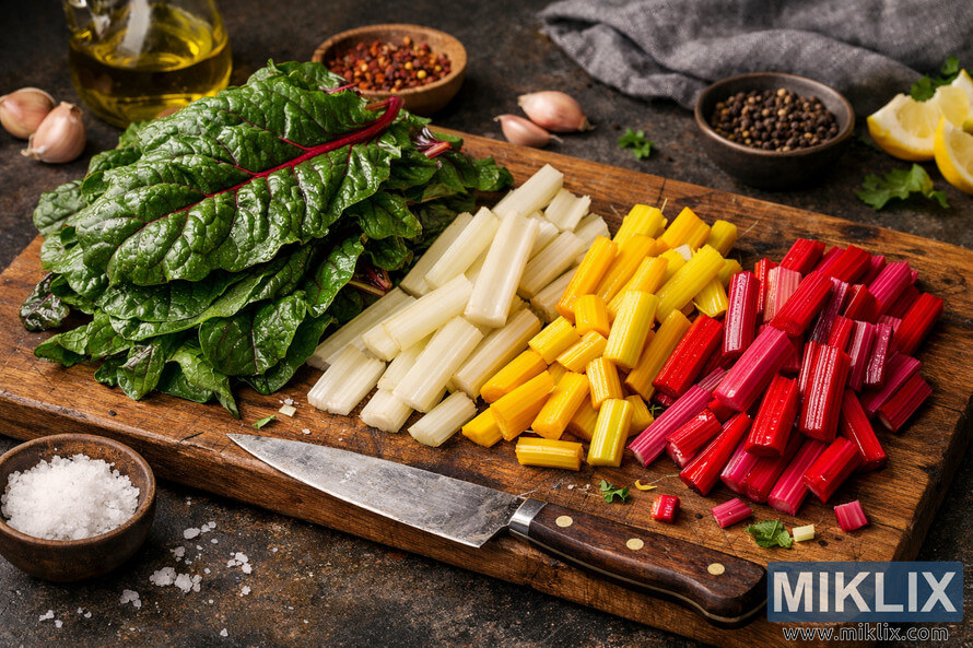 A rustic kitchen scene showing separated Swiss chard stems and leaves on a wooden cutting board, ready for cooking. A rustic kitchen scene showing separated Swiss chard stems and leaves on a wooden cutting board, ready for cooking.