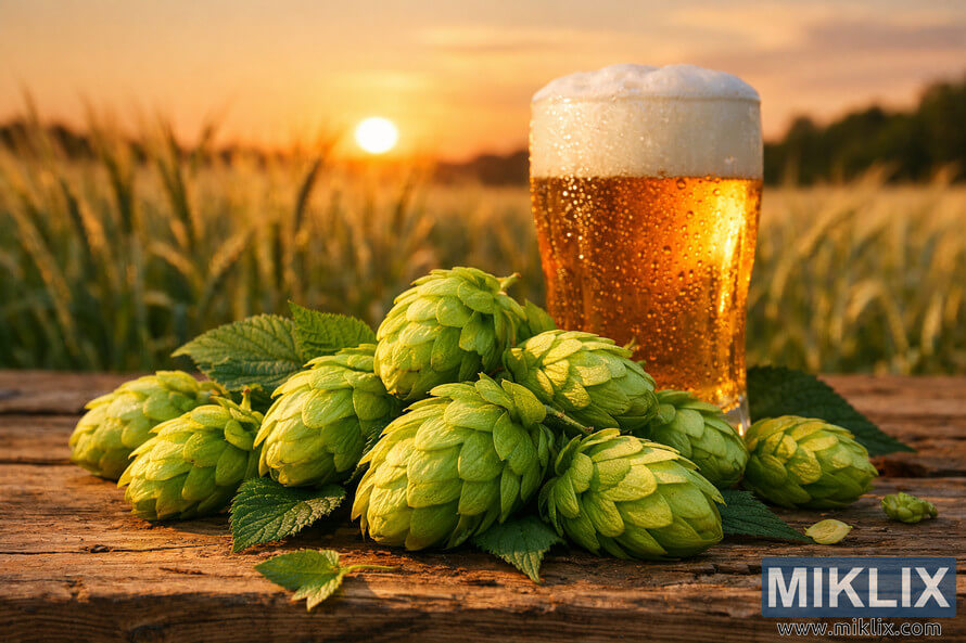 Close-up of fresh green Dunav hop cones on a rustic wooden table with a frosty glass of golden beer and soft-focus barley fields at sunset.