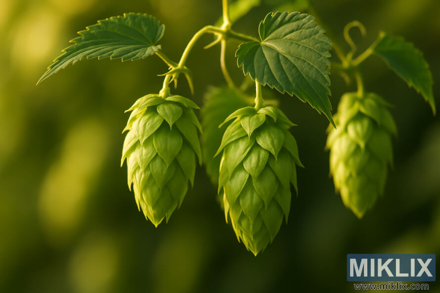 ZbliÅ¼enie jasnozielonych szyszek chmielowych oÅwietlonych ciepÅym, zÅotym ÅwiatÅem sÅonecznym na delikatnie rozmytym tle.