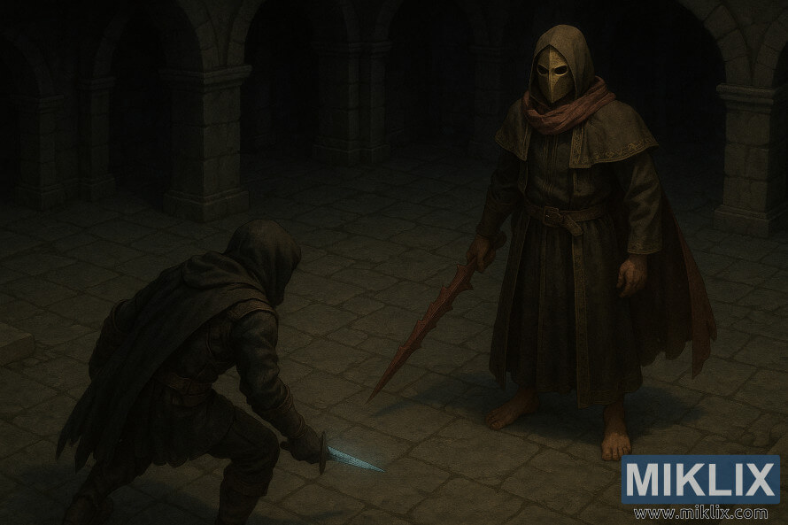 Ainavas ilustrÄcija, kurÄ AptraipÄ«tais redzams no aizmugures, skatoties pretÄ« maskÄtam Sangviniskajam dižciltÄ«gajam, kurÅ¡ tur AsiÅaino Heliksi tumÅ¡Ä pazemes cietumÄ. Ainavas ilustrÄcija, kurÄ AptraipÄ«tais redzams no aizmugures, skatoties pretÄ« maskÄtam Sangviniskajam dižciltÄ«gajam, kurÅ¡ tur AsiÅaino Heliksi tumÅ¡Ä pazemes cietumÄ.