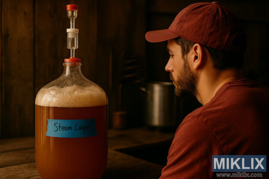 Egy rusztikus környezetben álló házisörfÅzÅ egy gÅzölt lagerrel teli üvegkannát figyel, amely erjed, tetején habbal és egy kézzel Ãrott cÃmkével. Egy rusztikus környezetben álló házisörfÅzÅ egy gÅzölt lagerrel teli üvegkannát figyel, amely erjed, tetején habbal és egy kézzel Ãrott cÃmkével.