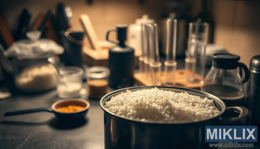 Tushen tukunyar shinkafa akan teburin dafa abinci tare da kayan aikin girki don magance matsalar giyar shinkafa.