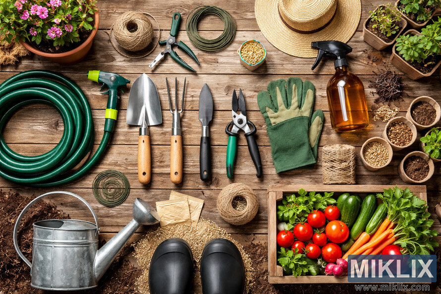 Collection of essential gardening tools, seeds, gloves, hose, watering can, and fresh vegetables neatly arranged on a rustic wooden table.