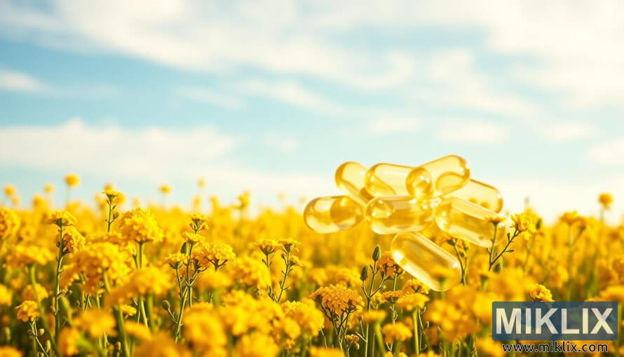 Campo de colza con cápsulas blandas de CLA bajo un cielo azul claro con luz natural. Campo de colza con cápsulas blandas de CLA bajo un cielo azul claro con luz natural.