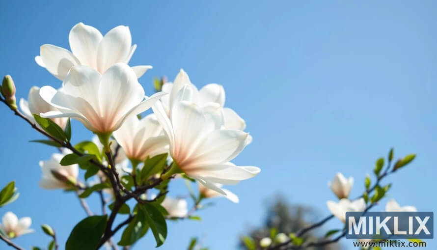 White magnolia flowers in full bloom on tree branches against a clear blue sky. White magnolia flowers in full bloom on tree branches against a clear blue sky.