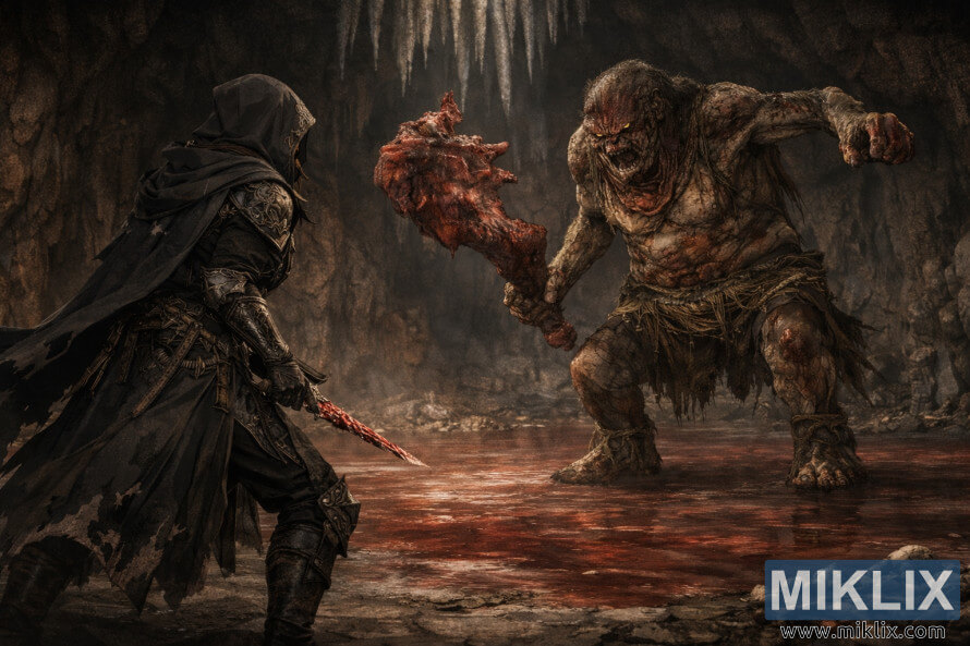 Donker fantasietoneel van die Tarnished in Black Knife-pantser wat die monsteragtige Hoofbloedvyand in 'n bloedbevlekte grot net voor die geveg in die gesig staar.