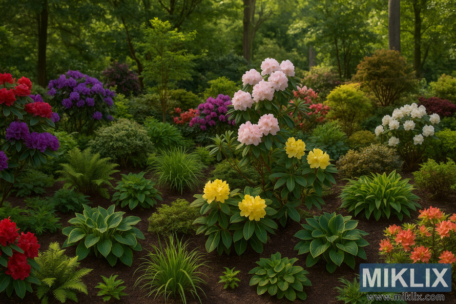 ScÃ¨ne de jardin avec des rhododendrons colorÃ©s et des plantes compagnes sous une lumiÃ¨re douce et tachetÃ©e.